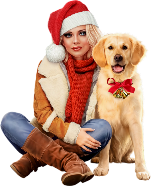 Tube Noël : femme, chien - Mujer de Navidad png, perro