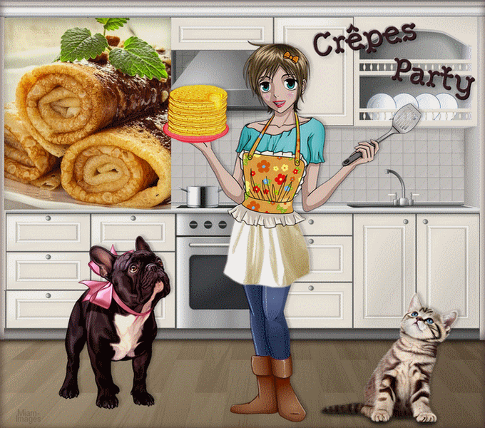 Image animée crêpes party, gif, Chandeleur, chat, chien