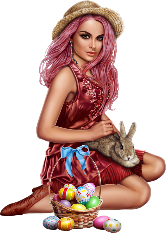 Tube Pâques : Femme, Lapin, Panier   Easter : Woman Png